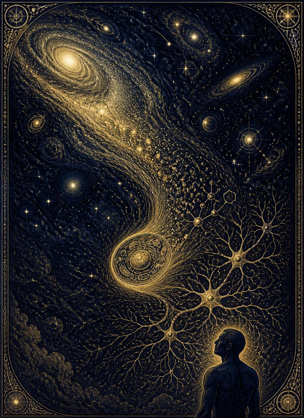 Stellar matter transforming into elements, a living cell, neurons, and a human figure looking upward