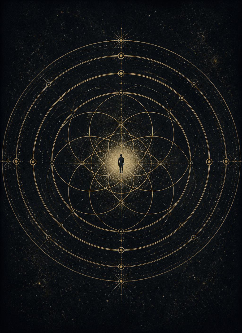 A human figure within a circle of light surrounded by larger interconnected circles